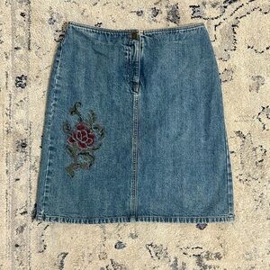 LOFT Vintage 90s Blue Denim Skirt with Floral Embroidery